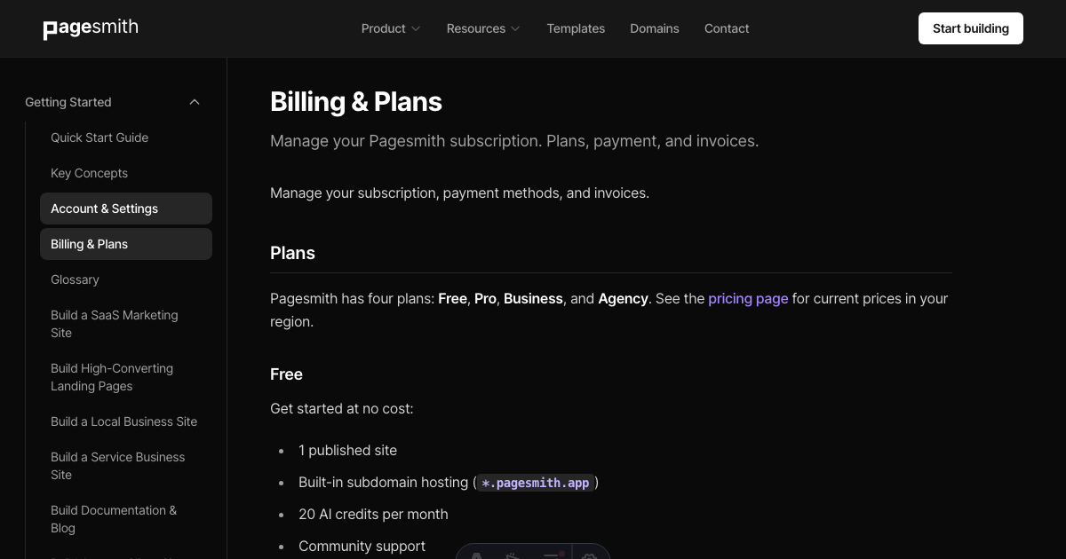 Billing & Plans - Pagesmith.ai Docs