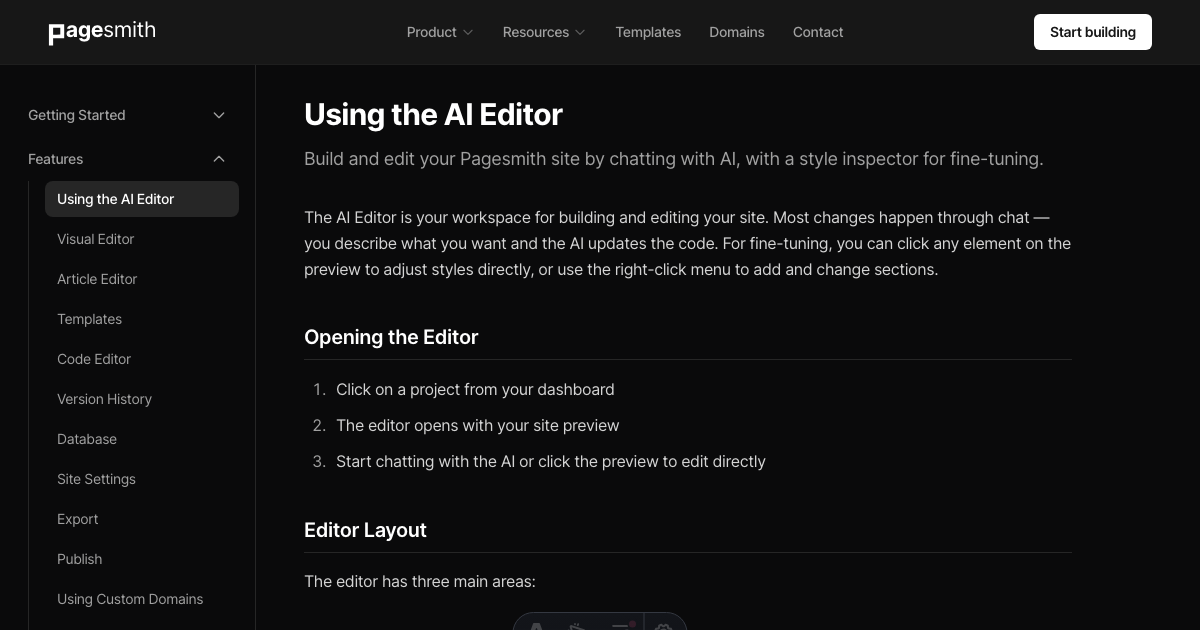 Using the AI Editor - Pagesmith.ai Docs