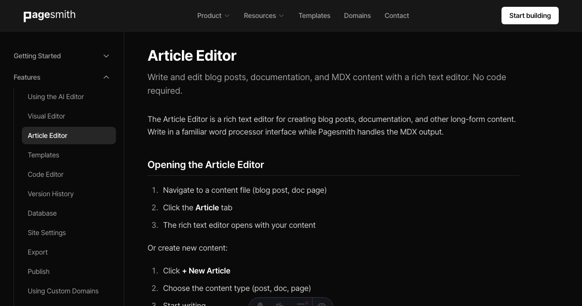 Article Editor - Pagesmith.ai Docs