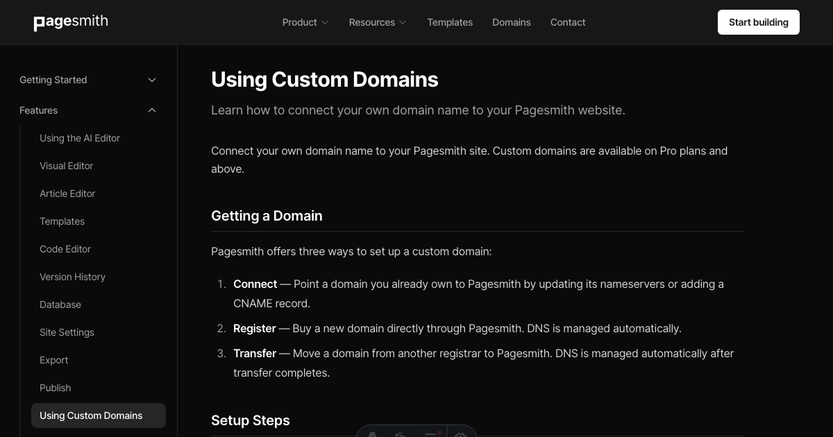 Using Custom Domains - Pagesmith.ai Docs