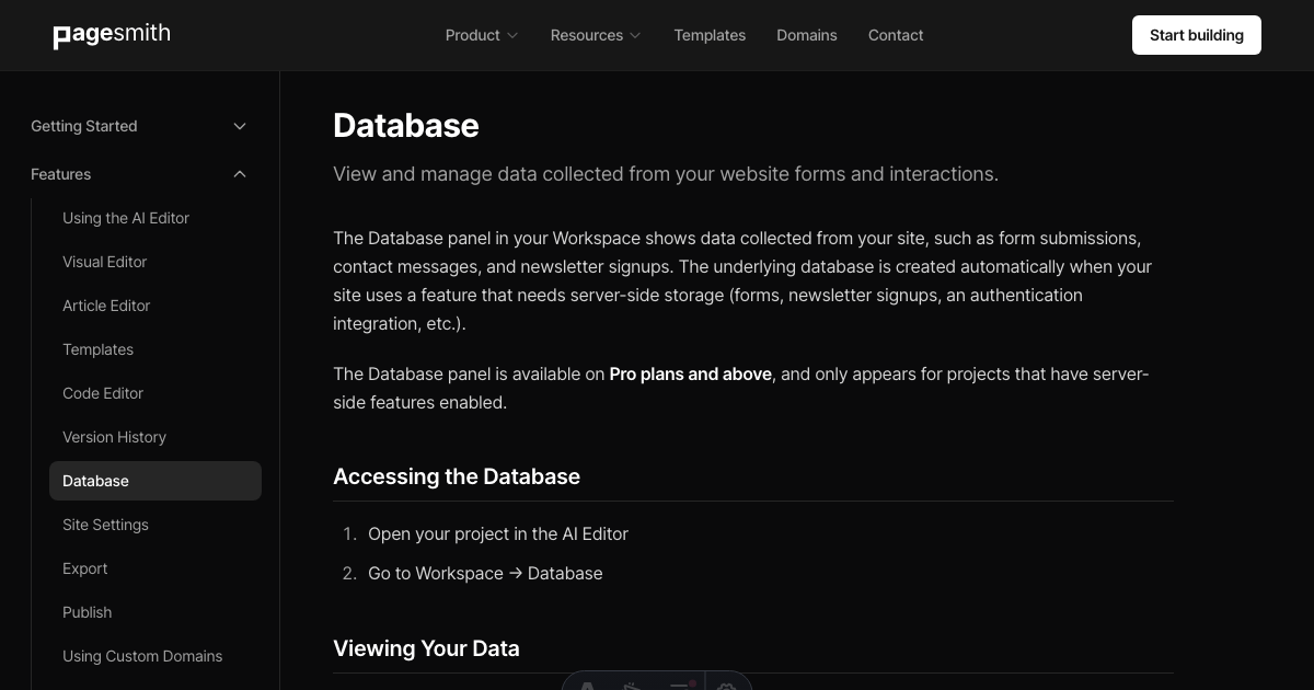 Database - Pagesmith.ai Docs