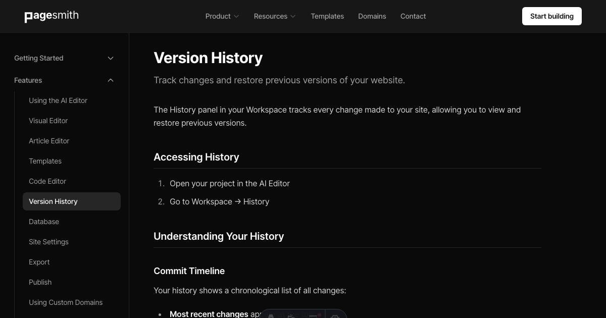Version History - Pagesmith.ai Docs