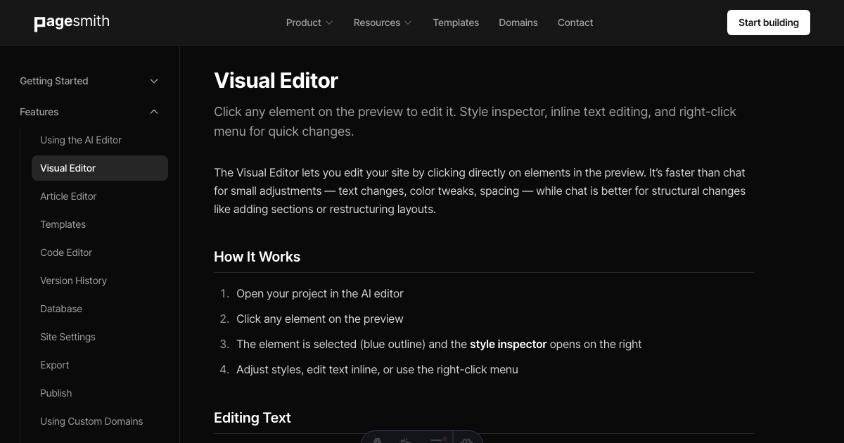 Visual Editor Image Example Visual Editor - Pagesmith.ai Docs