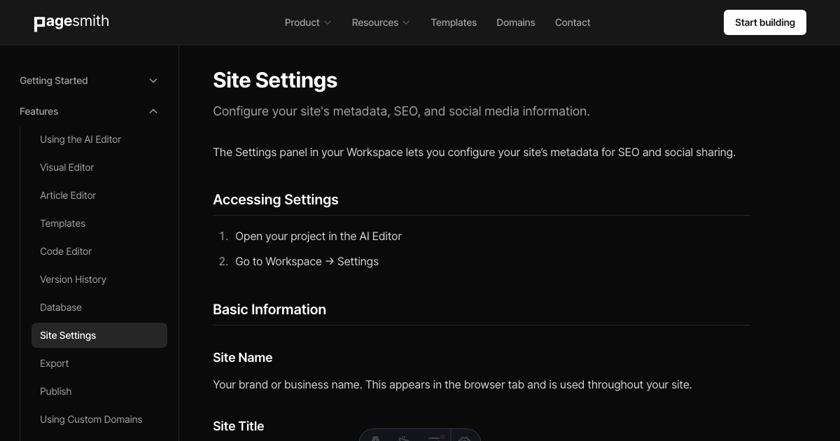 Site Settings - Pagesmith.ai Docs