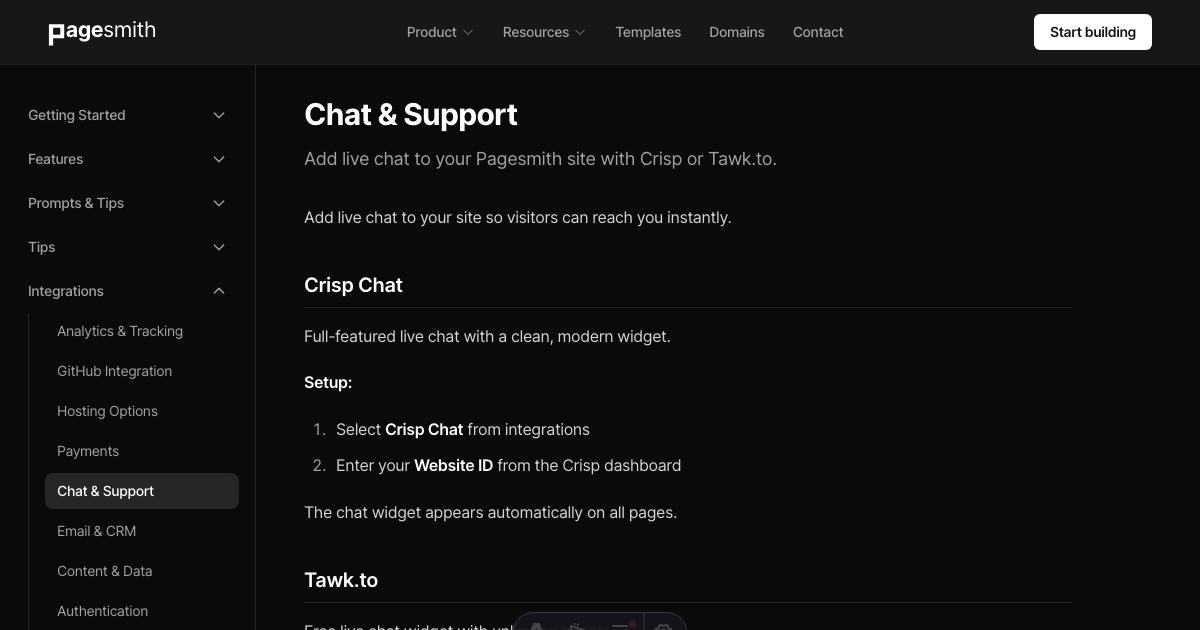 Chat & Support - Pagesmith.ai Docs