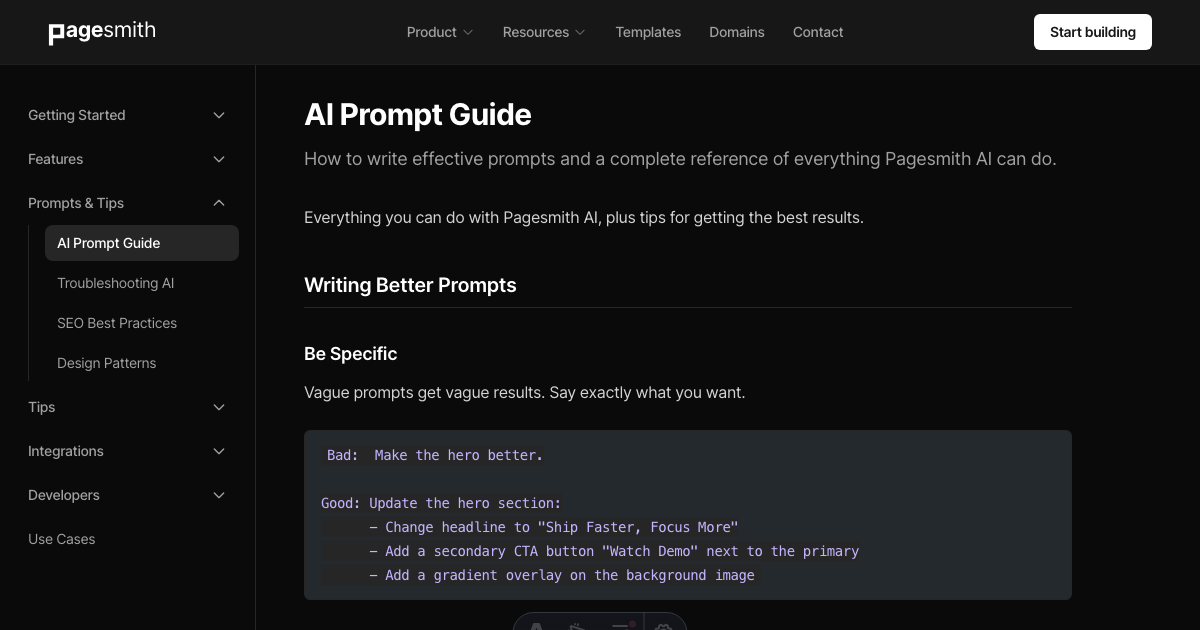 AI Prompt Guide - Pagesmith.ai Docs