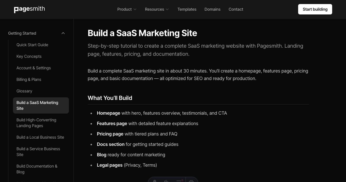 Build a SaaS Marketing Site - Pagesmith.ai Docs
